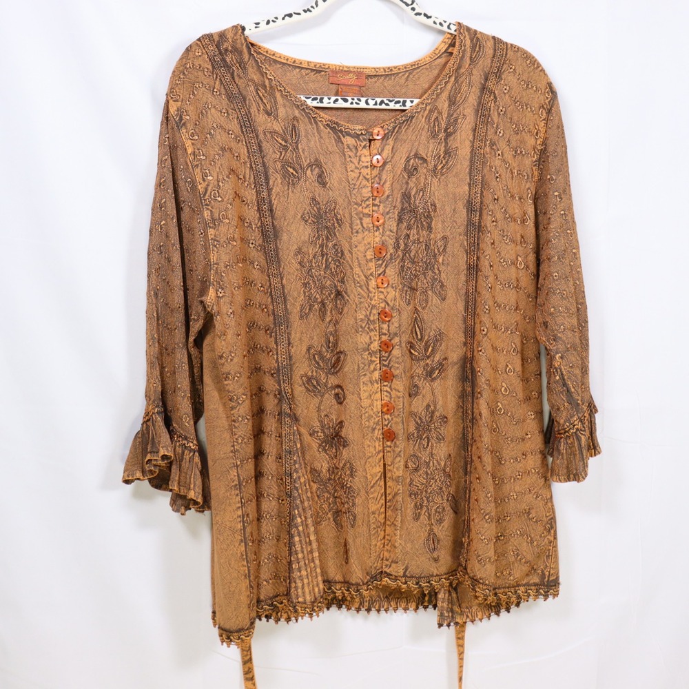Scully Embroidered Blouse XL Brown Womens Boho Cottagecore Top HC-67